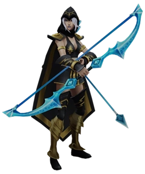 Afbeelding van een vrouwelijke krijger met een boog en lichte gevechtsuitrusting, staand in een dynamische houding die snelheid, precisie en wendbaarheid benadrukt