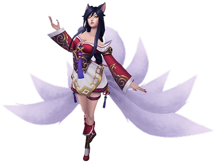 Afbeelding van een vrouwelijke fantasy krijger met meerdere vosachtige staarten, gekleed in lichte magische uitrusting en met een elegante, zwevende houding