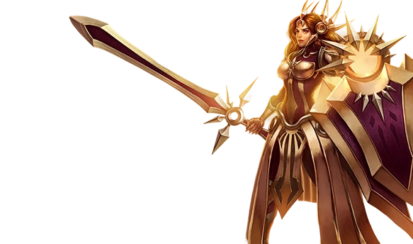 Afbeelding van een vrouwelijke ridder in gouden bepantsering met een lang zwaard en een groot schild, staand in een krachtige en beschermende houding die leiderschap en frontliniegevechten benadrukt