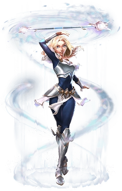 Afbeelding van een vrouwelijke magische krijger omringd door wervelende windenergie, met een lichte outfit en dynamische beweging